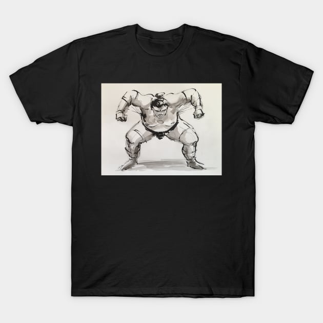 Sumo #9 - Sumo wrestler ink wash painting on paper T-Shirt by tranquilwaters